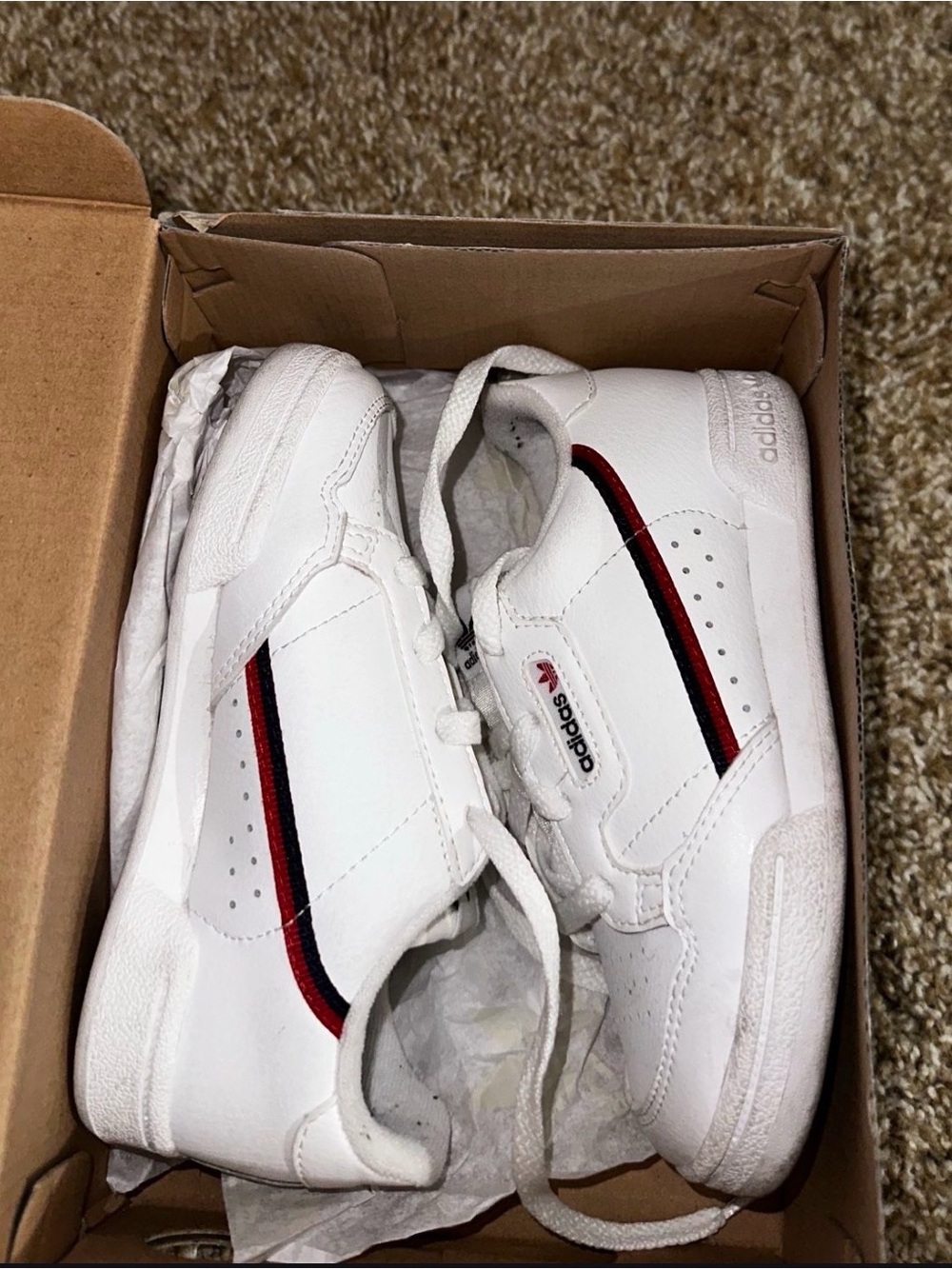 Adidas toddlerWhite Leather Sneakers with Red & Black Stripe